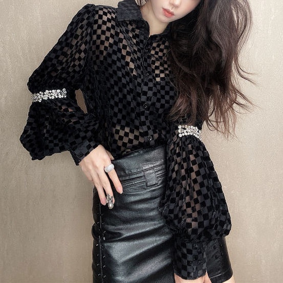 Áo sơ mi lưới mỏng dáng rộng tay lồng đèn đính kim cương kiểu Pháp thu đông cho nữ