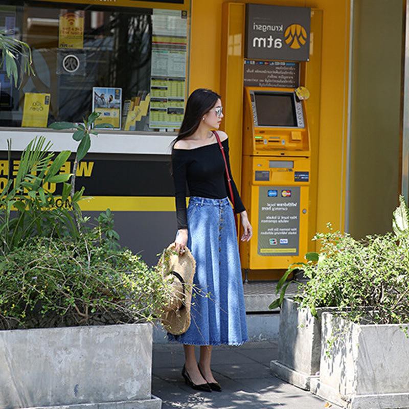 Chân váy bò xoè demin eo cao hàng cúc dài