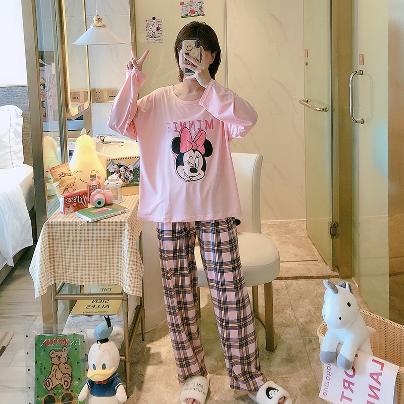 IELGY    Bộ Đồ Ngủ Tay Dài Dáng Rộng In Họa Tiết Hoạt Hình Dễ Thương Phong Cách Hàn Quốc Cho Nữ