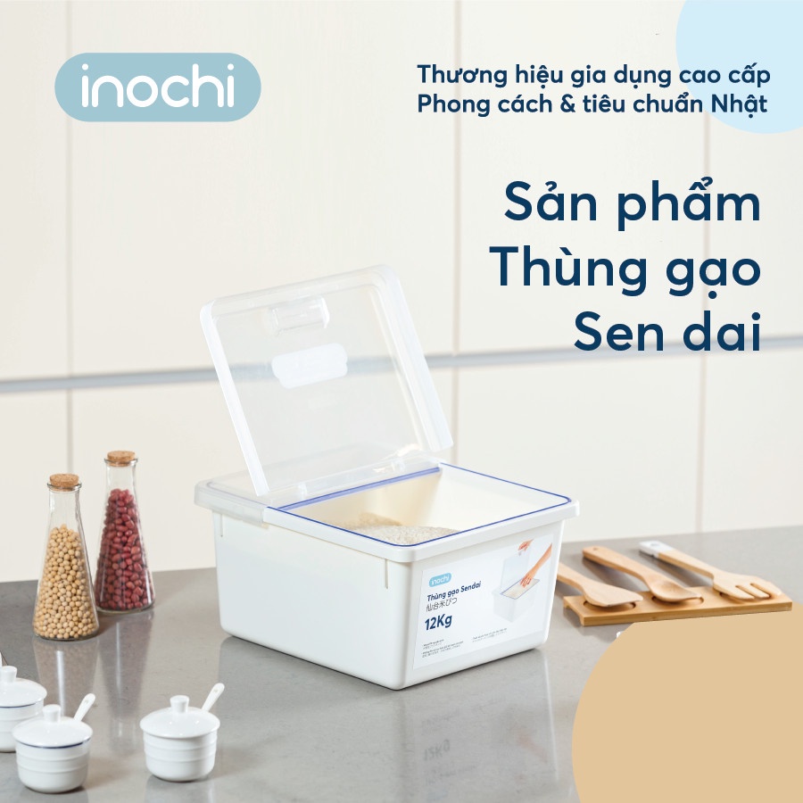 Thùng đựng gạo INOCHI Sendai có nắp, kèm ca đong gạo/ Thùng gạo thông minh cao cấp nhựa an toàn