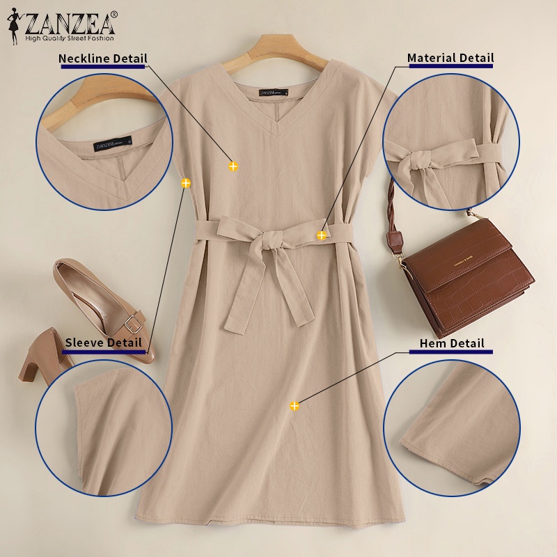 Zanzea Đầm Midi Tay Ngắn Cổ Chữ V Màu Trơn Phong Cách Châu Âu Thời Trang Cho Nữ