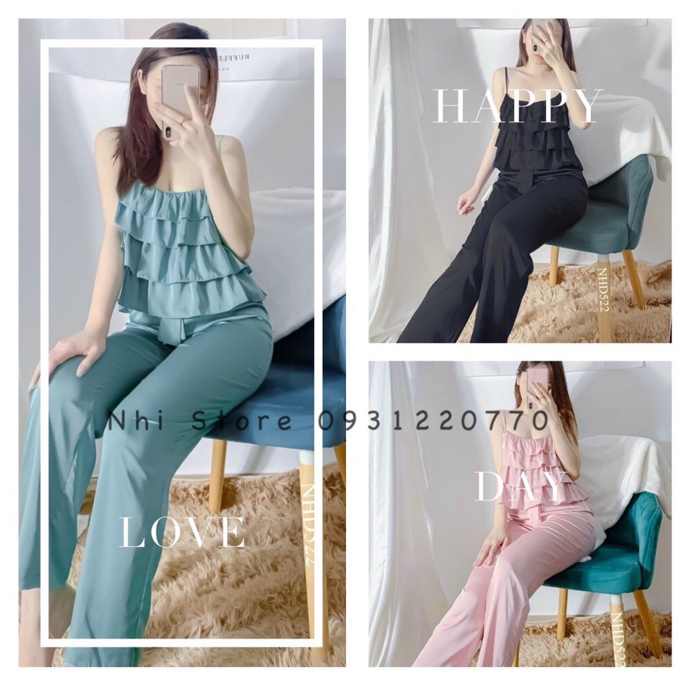 (Freeship 50k) Đồ Bộ Lụa -Bộ Lụa Áo 2 Dây Bèo 4 Tầng  Quần Dài Ống Rộng Freesize Dưới 57kg