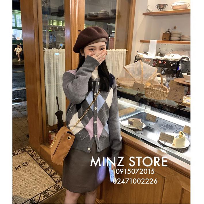 Áo cardigan cổ tròn kẻ trám #855