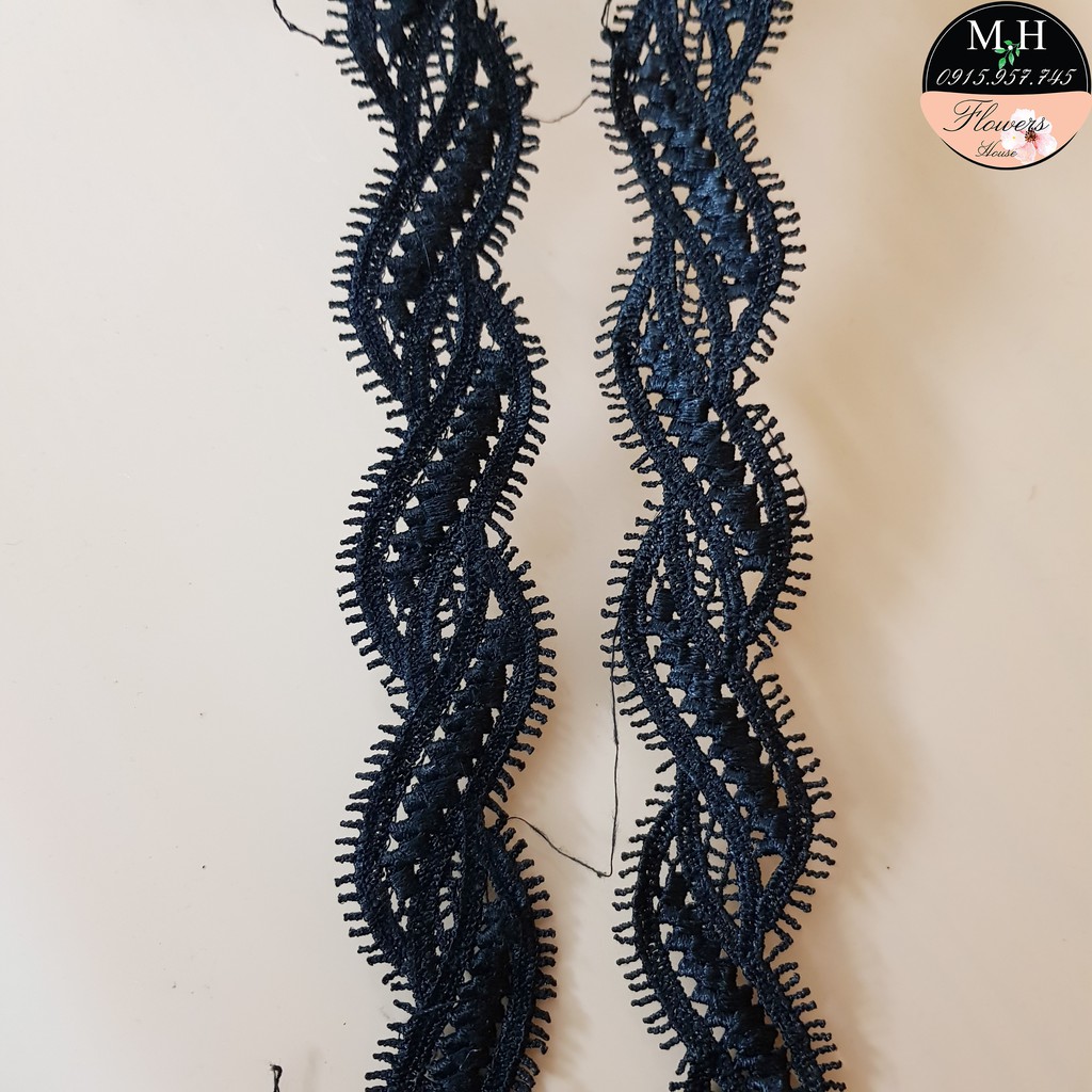 Dây vải ren chỉ đen thêu hình dẫu ngã, bản 3cm, dùng may váy áo, trang trí đồ thủ công