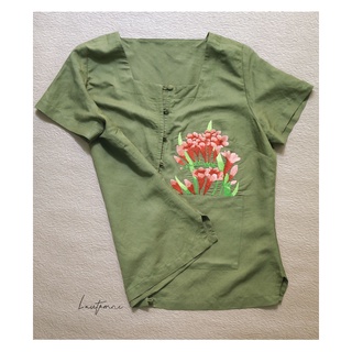 ÁO LINEN THÊU TAY CAO CẤP Xanh rêu