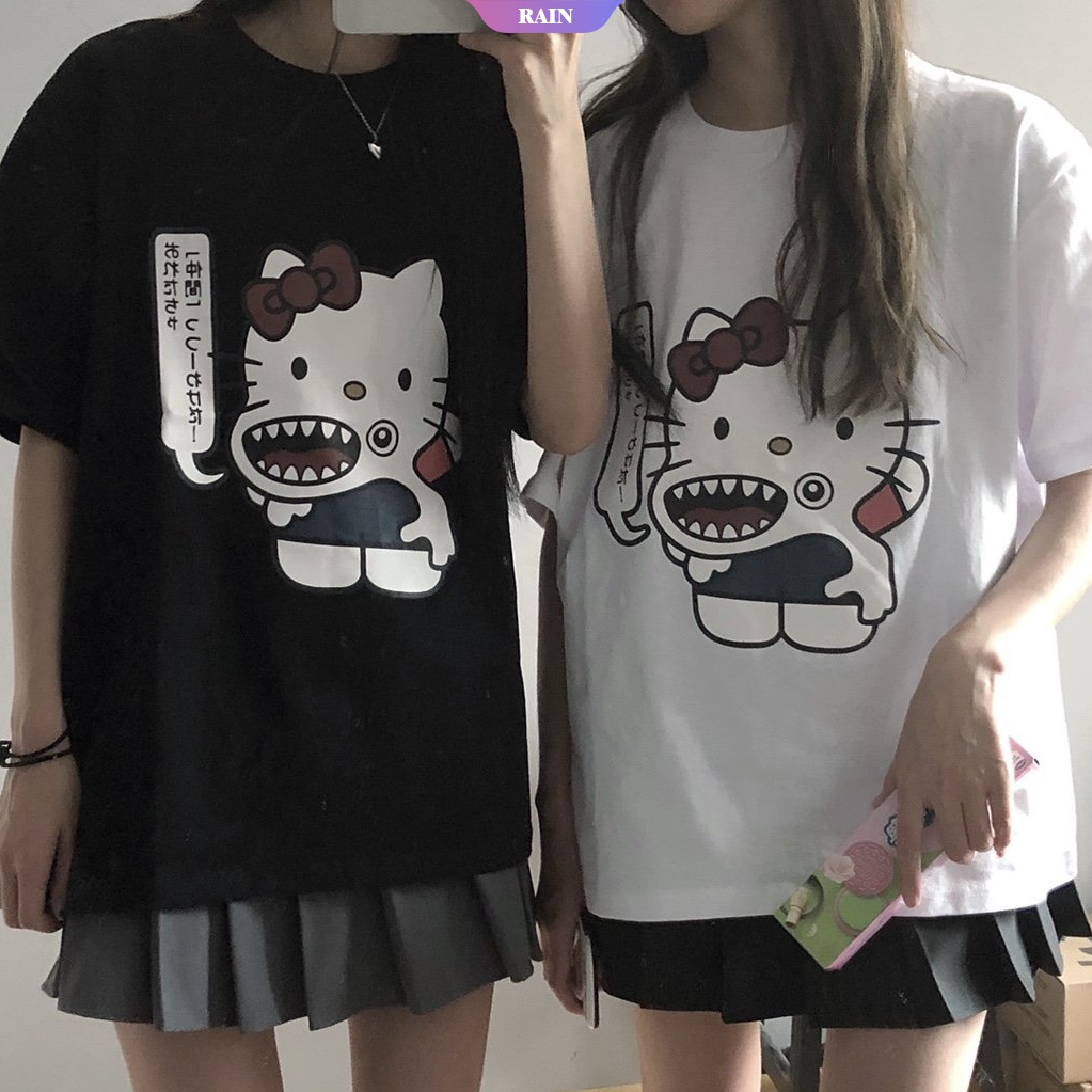 Áo Thun Tay Ngắn Dáng Rộng In Họa Tiết Hoạt Hình Hello Kitty Kiểu Nhật Hàn Dễ Phối Đồ Thời Trang Cho Học Sinh