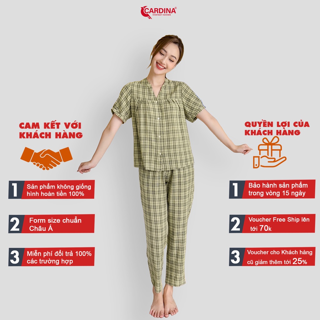 Đồ Bộ Nữ 𝐂𝐀𝐑𝐃𝐈𝐍𝐀 4 Màu Kẻ Chất Thô Nhật Cao Cấp Áo Cổ Tàu Cộc Tay Quần Dài Thoáng Mát Nhẹ Nhàng 2BTH01