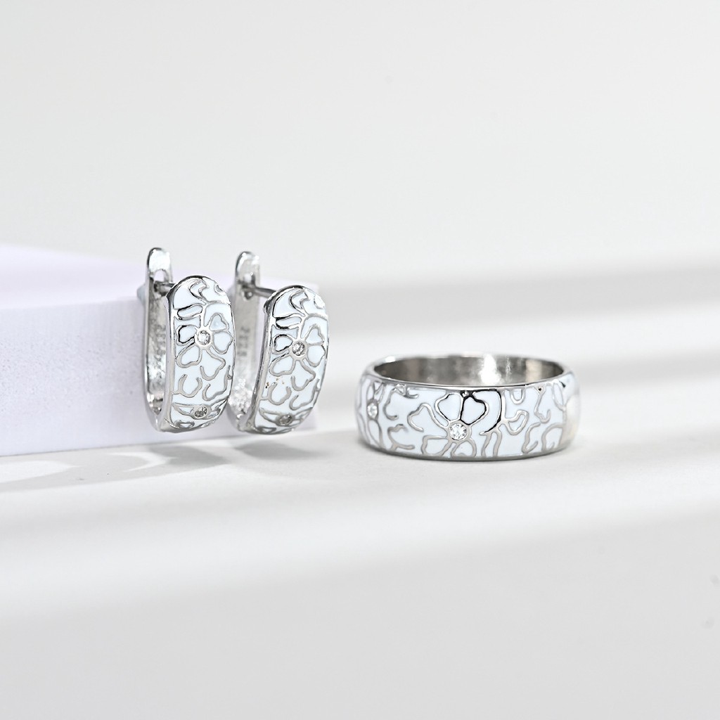 Bộ Khuyên Tai / Vòng Cổ / Nhẫn Mặt Hoa Đính Đá Mã Não Màu Trắng Phong Cách Âu Mỹ Cổ Điển-2664