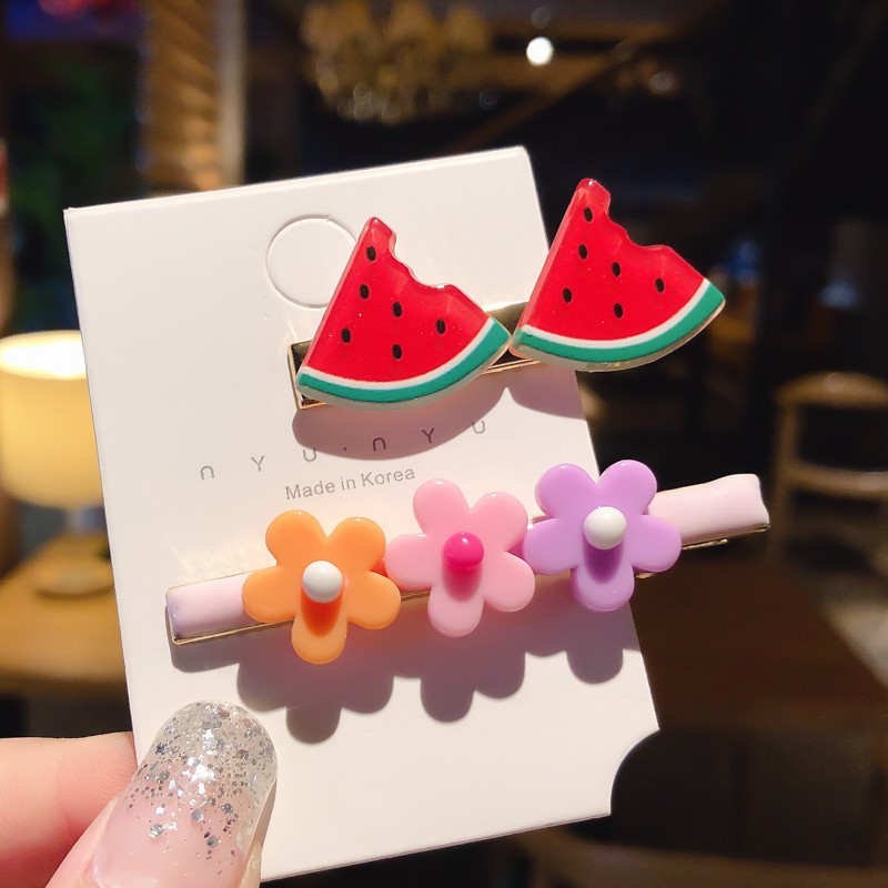 Set 2 Kẹp Tóc Hình Trái Cây/Hoa Lá Màu Kẹo Dễ Thương