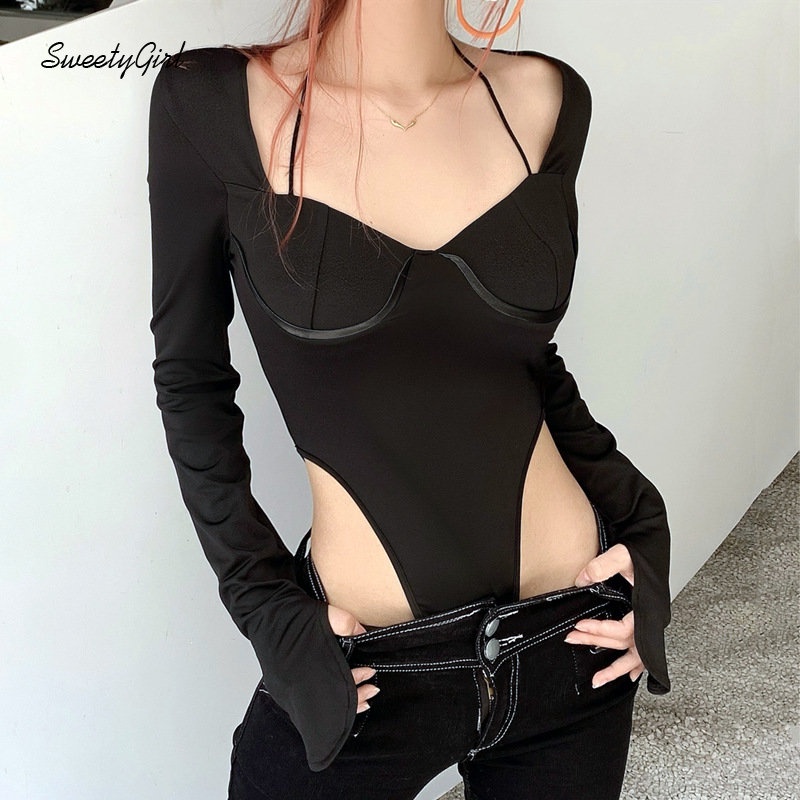 Áo Liền Quần Tay Dài Cổ Chữ V Màu Đen Trơn Thời Trang 2022 Quyến Rũ Cho Nữ