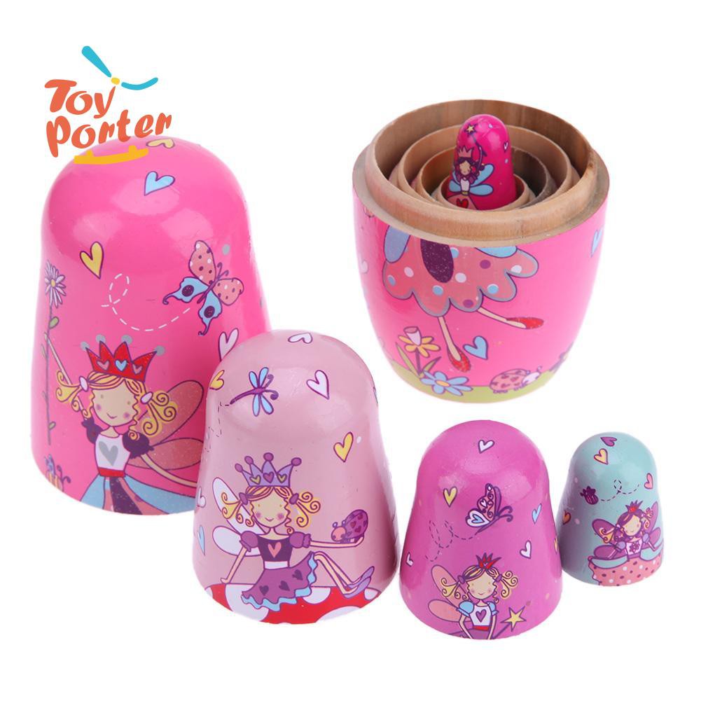 Set 5 búp bê Nga Matryoshka làm từ gỗ đoạn màu hồng độc đáo