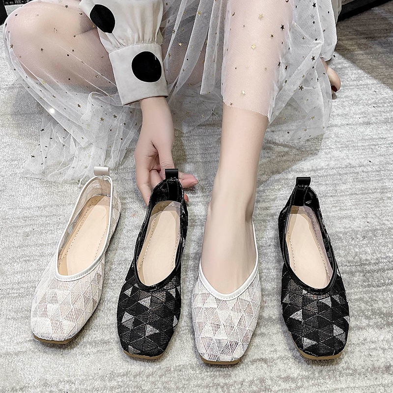Giày Búp Bê Vải Ren Lưới Đục Lỗ Thoáng Khí Đế Bệt Thời Trang Nữ