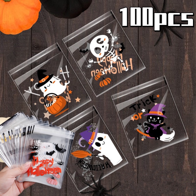 Bộ 100 Túi Đựng Kẹo / Bông Tai / Nhẫn Hình Quái Vật Nhỏ Tự Dính Trang Trí Halloween / Giáng Sinh