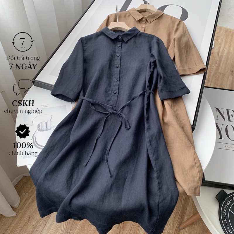 Váy sơ mi nữ tay lỡ dáng dài 2 túi, Váy linen cao cấp che khuyết điểm tôn dáng