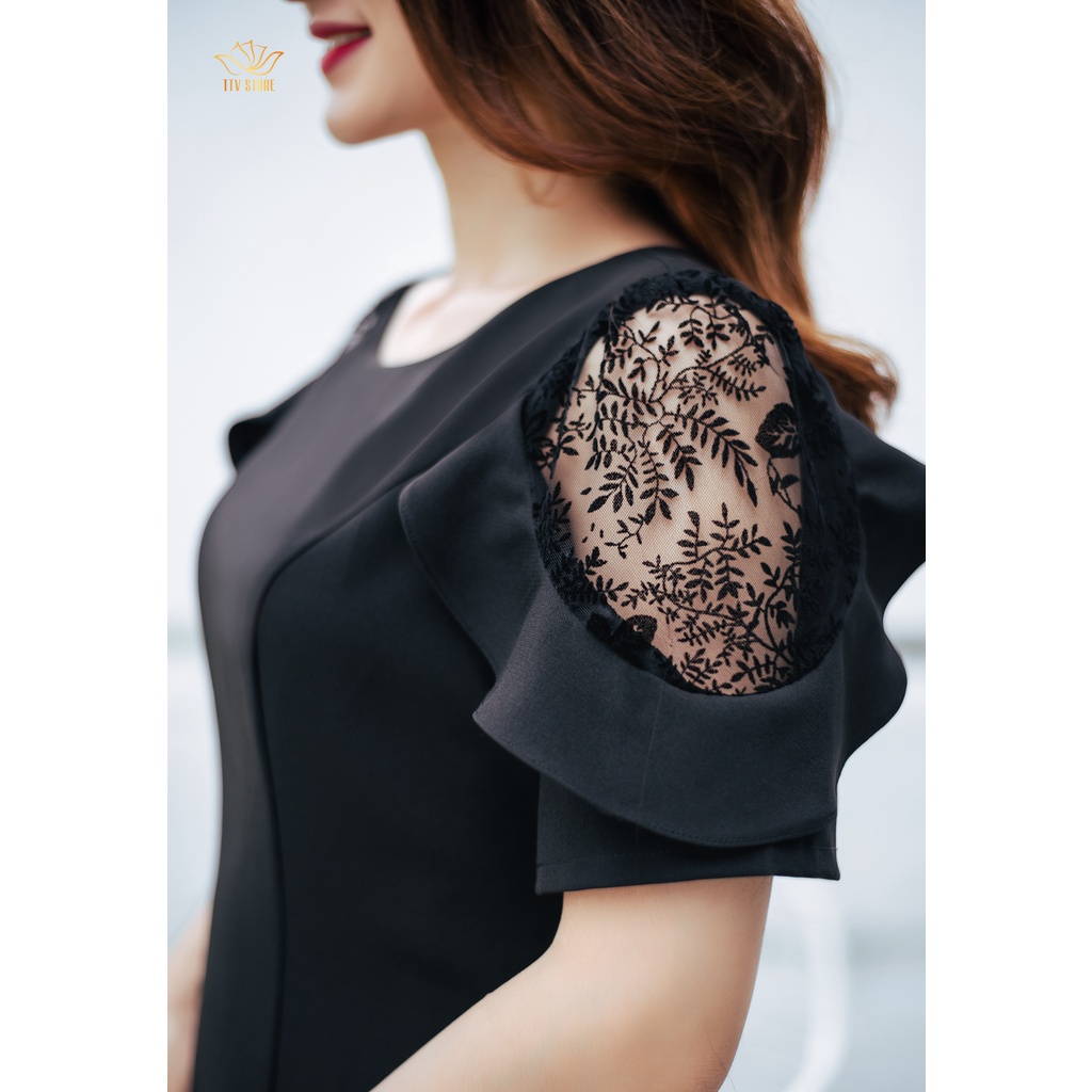 Đầm công sở form suông cao cấp thiết kế cổ tròn phối ren ống tay màu đen - TTV865 TTV Store