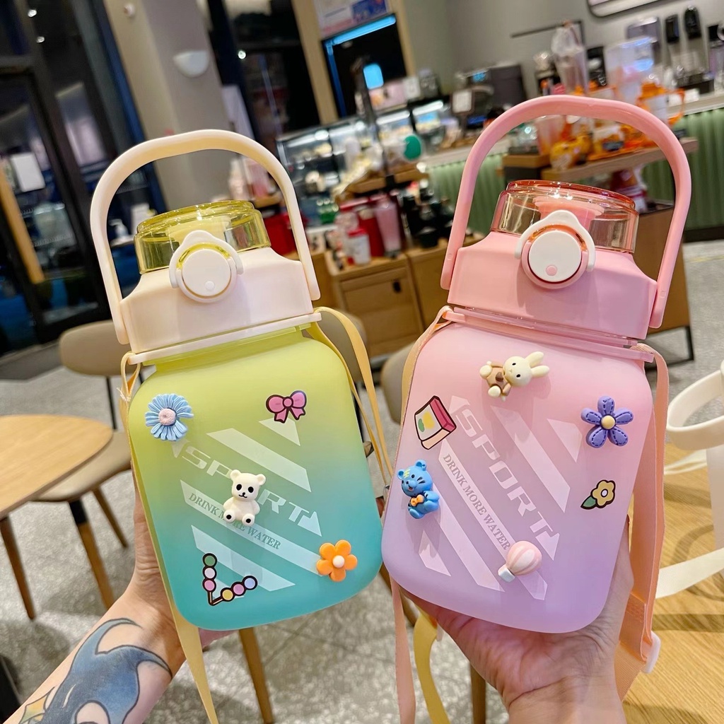 Bình Nước 1.5 Lít Tặng Sticker Dành Cho Người Lười Uống Nước Bình Nước Cute Có ống Hút, Vạch Chia Nhắc Giờ @SKVN