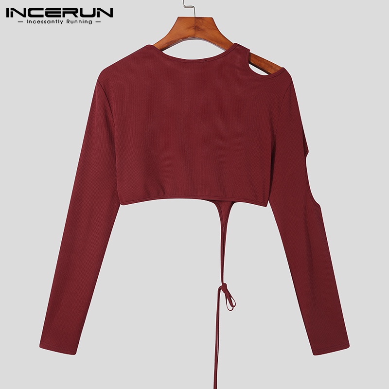 Áo thun nam INCERUN dáng lửng tay dài màu trơn khoét lỗ thời trang