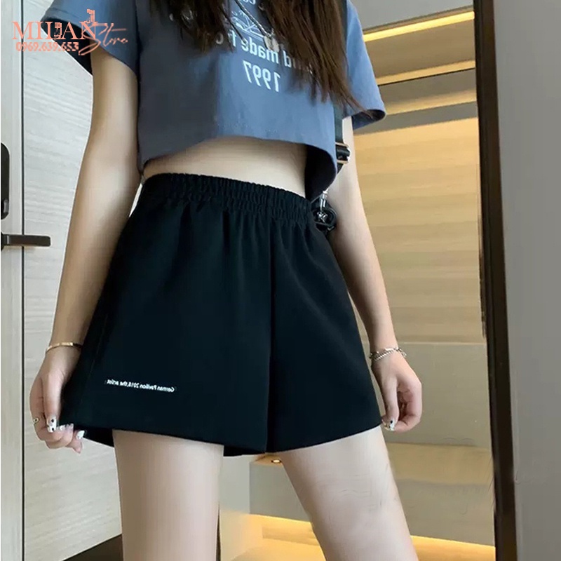 Quần ngắn nữ mặc nhà thể thao tập gym ngủ lưng chun cao thêu chữ dáng quần short nữ ống rộng đi biển