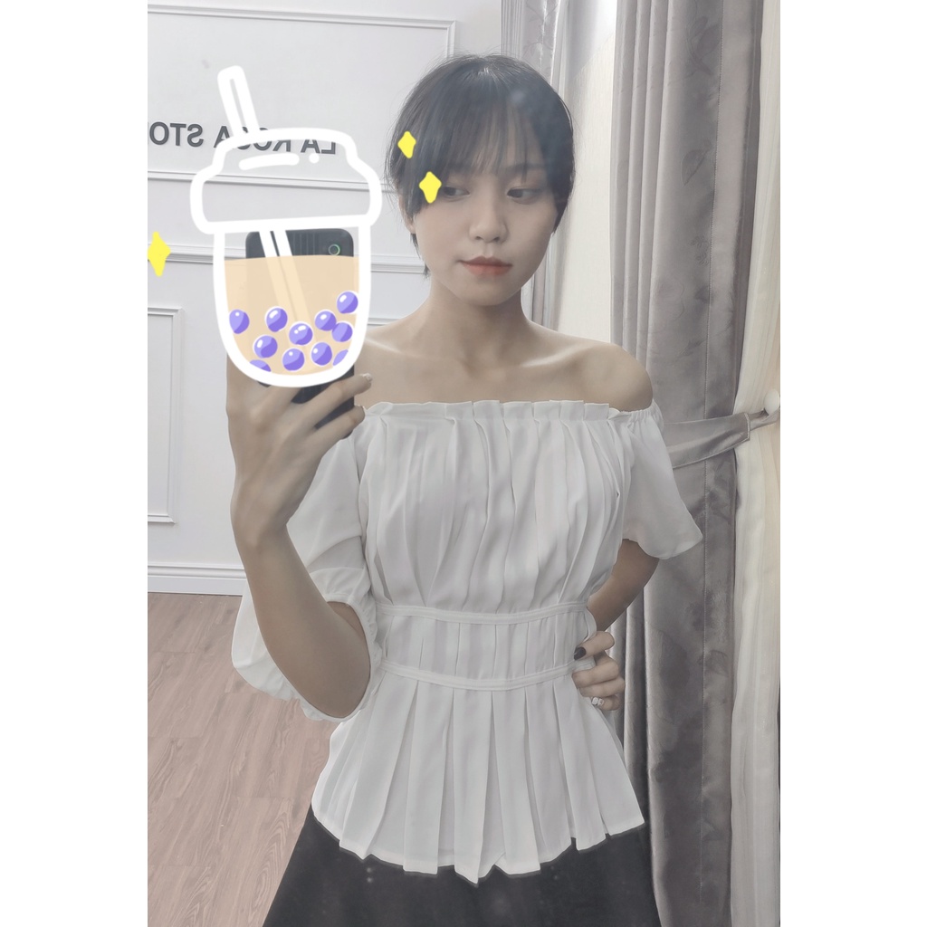 Áo Peplum Nữ Trắng Xếp ly 💝 Áo sơ mi cổ vuông Nữ Tay bồng siêu dễ thương
