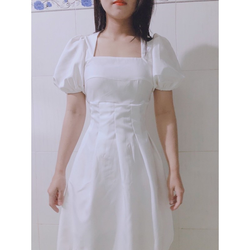 [ẢNH THẬT] đầm nữ dáng xòe cổ vuông tay phồng xếp ly eo (kèm mút ngực) | BigBuy360 - bigbuy360.vn