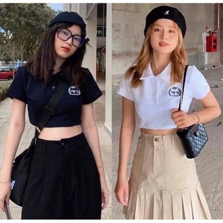 Áo croptop nữ kiểu 2 màu đen trắng cổ bẻ hàn quốc