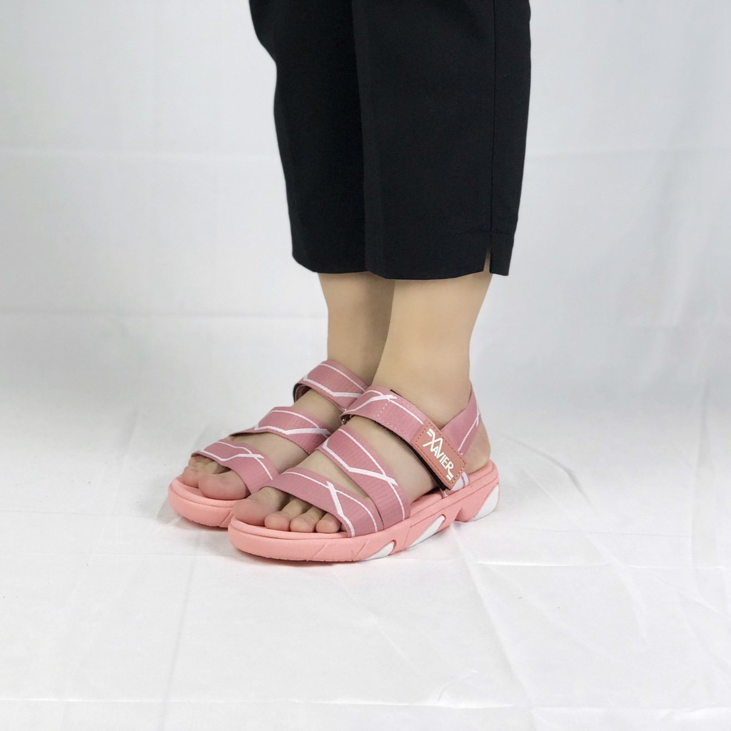 Giày sandal nữ XAVIER hồng sọc trắng đi học đi làm [ẢNH THẬT]