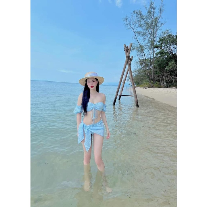 Đồ bơi nữ sét 3 món bikini trể vai tay phồng chất xốp KONKUN MS113
