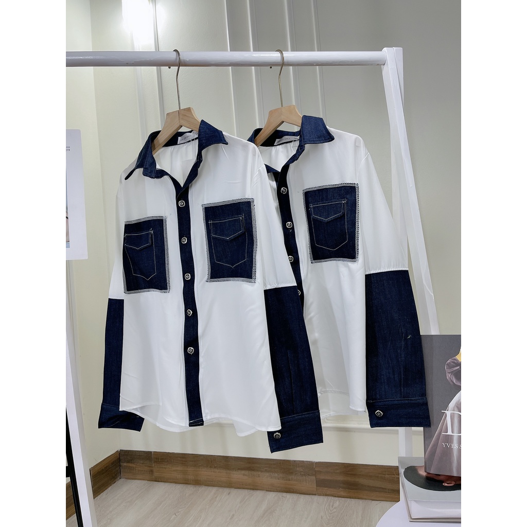 Áo sơ mi trắng nữ dáng rộng phối bò  chất thô mềm mại cá tính SM029 | BigBuy360 - bigbuy360.vn