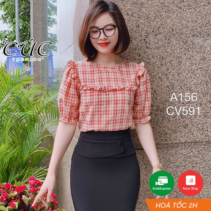 Áo sơ mi nữ cao cấp công sở Cúc Fashion A156 áo somi kẻ bèo