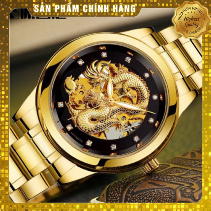 Đồng Hồ Cơ Tự động Nam nhãn hiệu MOHDNE Automatic Chạm Rồng 3D Lộ Máy Mạ Vàng Kim Loại Chống Nước Chống Xước