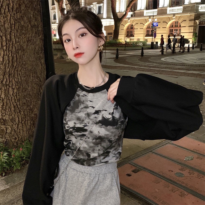 Áo Sweater Tay Dài Giả Hai Lớp Dáng Ngắn Phối Màu Nhuộm Kiểu Hàn Quốc Cá Tính