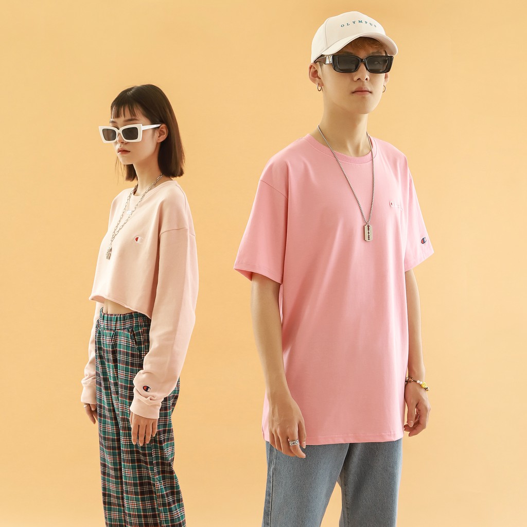 Áo Croptop Tay Dài Nữ Thêu Chữ Champion Form Đẹp-Đường Thêu Tỉ Mỉ-Chất Vải Nỉ Da Cá Thoải Mái-Màu Hồng Nhạt Dễ Phối Đồ
