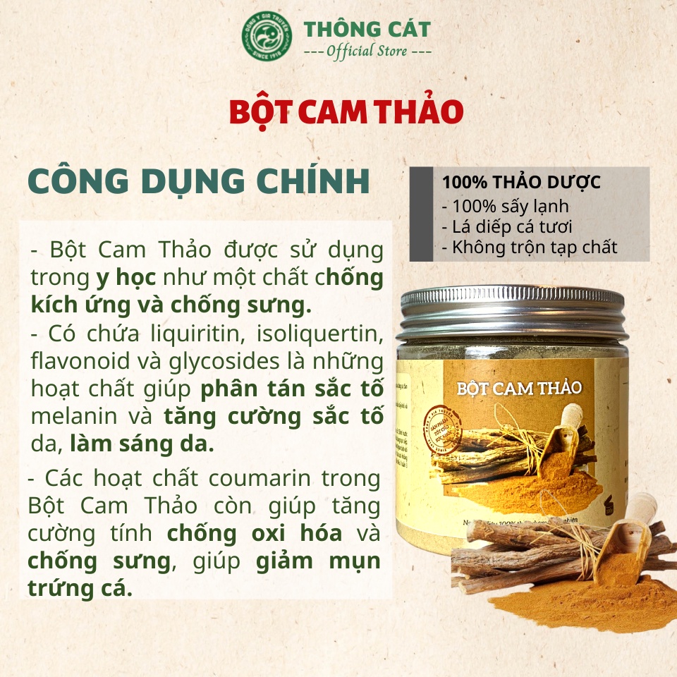 Bột Cam Thảo nguyên chất  THÔNG CÁT HCM loại 1 hữu cơ 100gr - Trắng da, giảm mụn, mờ thâm nám, trẻ hoá