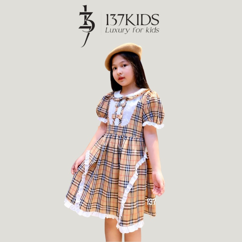 Váy cộc tay thô đũi thiết kế 137Kids cổ nơ bèo dễ thương kẻ alice cho bé gái đi chơi, đi dự tiệc