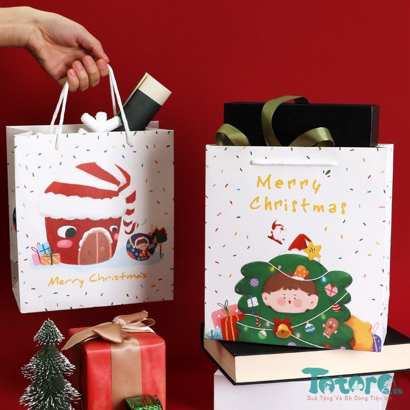Túi đựng quà Merry Christmas nhóc hoạt hình - Gấu và Thỏ Bông Tuyết Merry Christmas (Noel) - Kraft kèm tem dán Size M