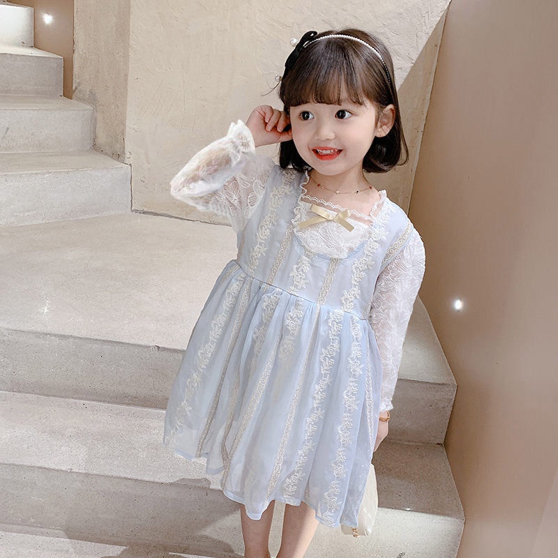 Đầm denim Phối Ren Lưới Phong Cách Công Chúa Phương Tây Thời Trang Mùa Xuân Cho Bé Gái