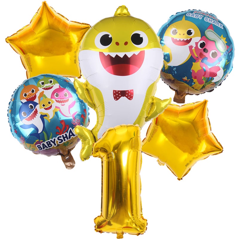 Set 5 Bong Bóng Lá Nhôm Hình Gia Đình Cá Mập Trang Trí Tiệc Sinh Nhật Cho Bé