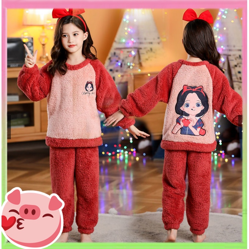 🐷Mùa đông flannel dày san hô lông cừu bộ đồ ngủ trẻ em hoạt hình