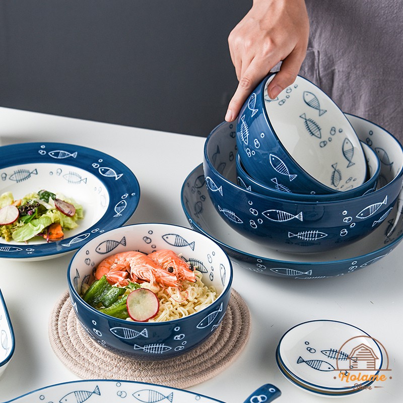 Bát đĩa sứ đẹp họa tiết cá xanh đáng yêu , bát đĩa lẻ Holame