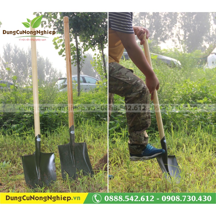 Xẻng làm vườn cán gỗ dài 120cm lưỡi thép sơn tĩnh điện dày chắc độ bền cao