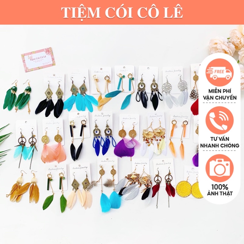 Khuyên tai bông tai lông vũ, boho, vintage chụp ảnh đi biển, sống ảo xinh-Tiệm Cói Cô Lê