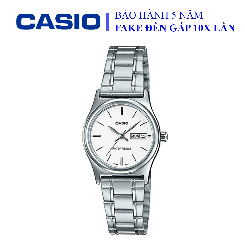 Đồng hồ Casio nữ dây sắt thể thao, khung viền bạc ánh kim sang trọng, chống nước WR30M (LTP-V006D-7B2UDF)