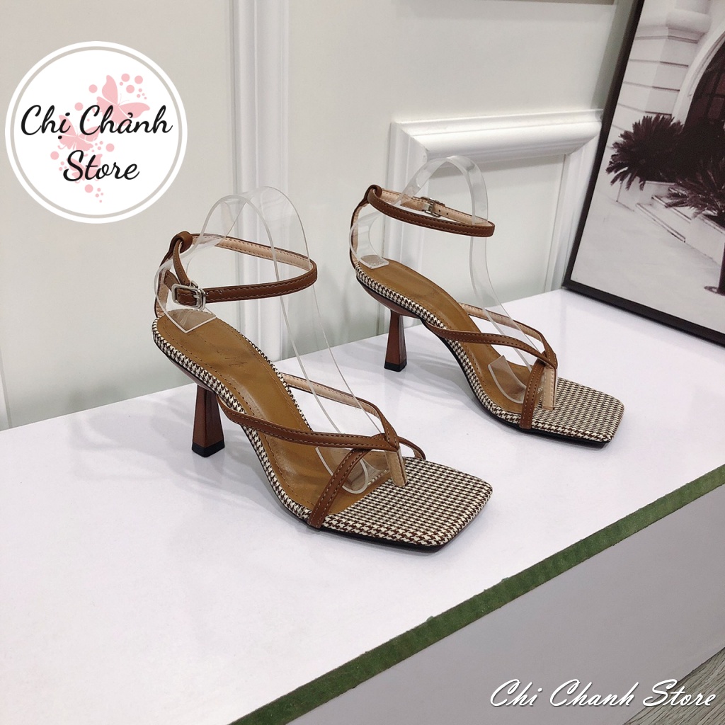 Sandal Cao gót Ly 7p Da Mềm Phối Caro Hàng Chuẩn Form Lên Chân Tôn Dáng - Chị Chảnh Store