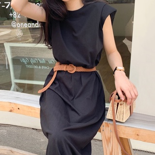Váy cộc tay suông dài đơn giản, kèm đai cài eo sang trọng nhẹ nhàng thanh lịch style Hàn Quốc