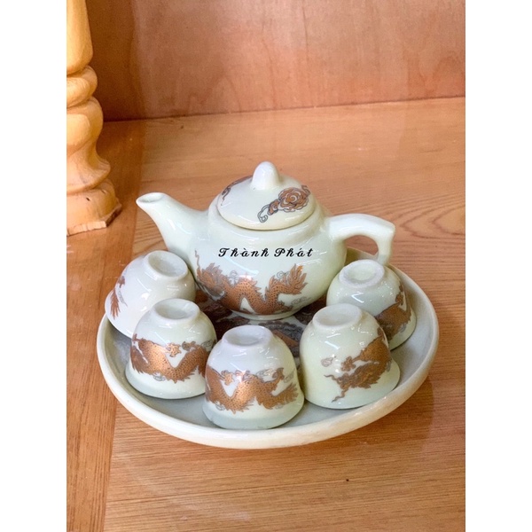 Bộ đồ thờ Thần Tài Thổ Địa màu vàng kim, đồ thờ gia tiên gốm sứ Bát Tràng màu vàng