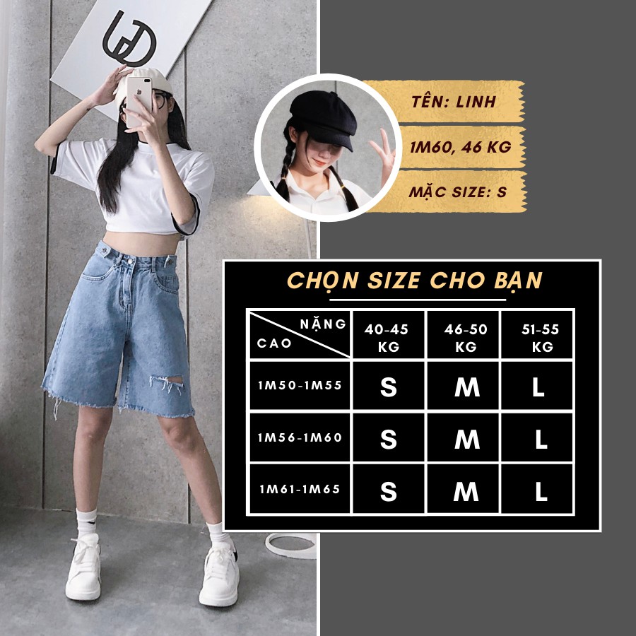 Quần Short Jean Nữ Rách Gấu Cap Cao Dáng Rộng GUF