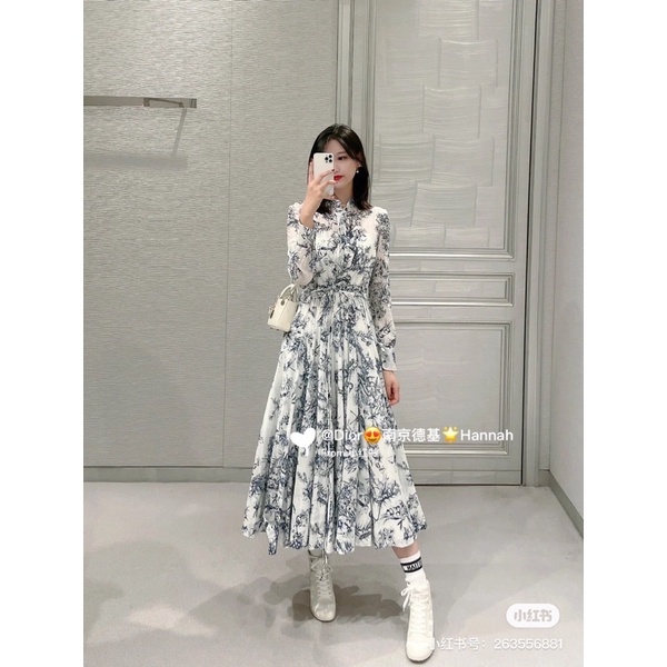 Đầm sơ mi nữ dài tay có dây rút thắt eo dáng xoè cao cấp thương hiệu Dior CD 2022