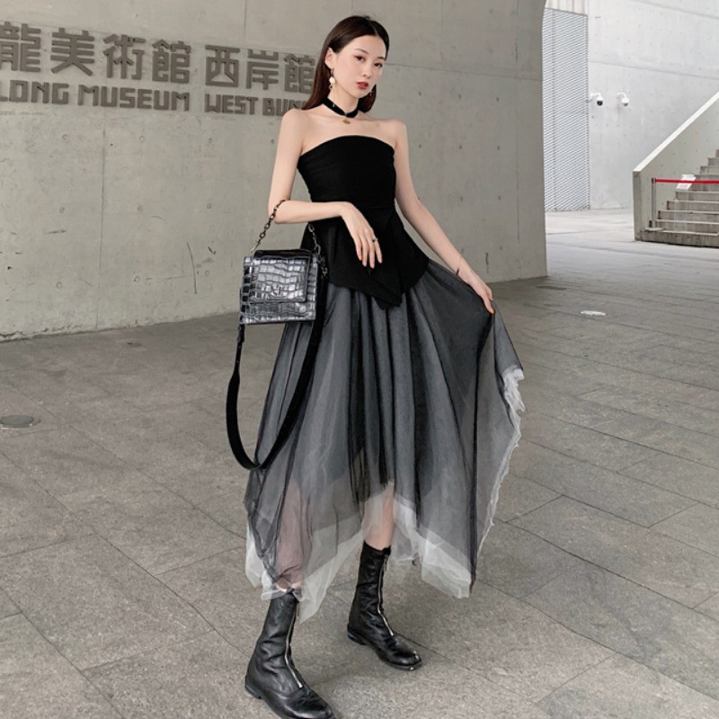 (Sẵn L) M64 - Set váy lưới 2 màu Ulzzang phối áo đen cúp ngực vạt chéo cực cool