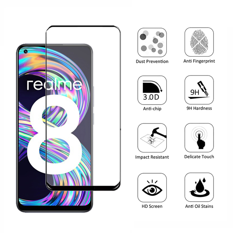 Realme 8 Tempered Glass Full Coverage Glass Film For Realme 8 7 6 Pro C21 C25 X7 X50 Pro 5G 7i 6i C15 Qualcomm Screen Protector and Camera Lens Glass Protector