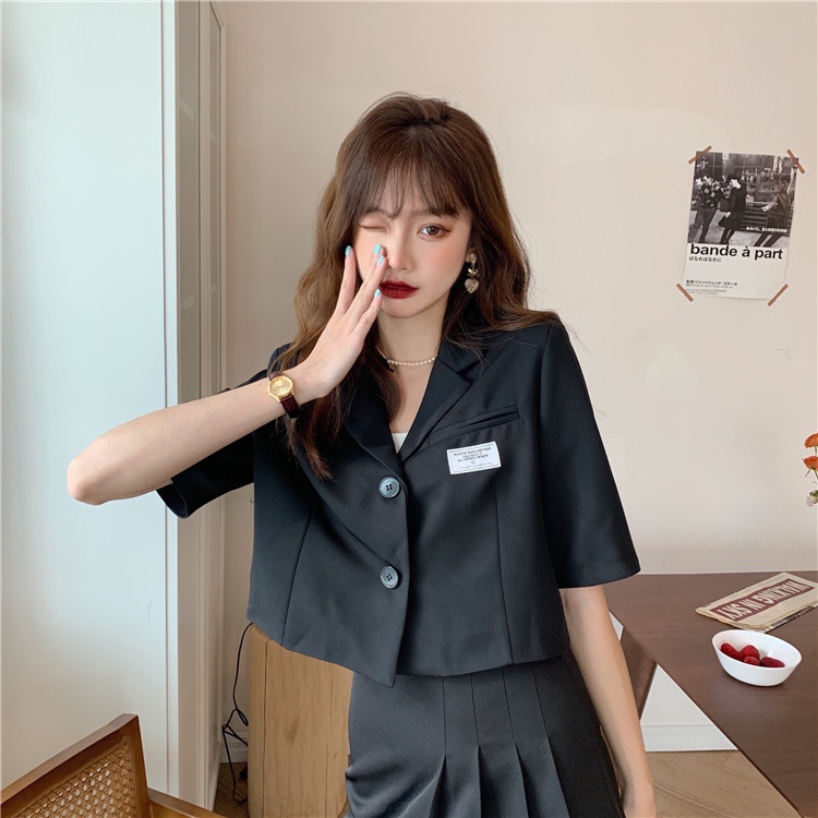 QOEDDV Áo Khoác Blazer Tay Ngắn Cổ Lật Màu Trơn Phong Cách Hàn Quốc Nhiều Màu Sắc Lựa Chọn